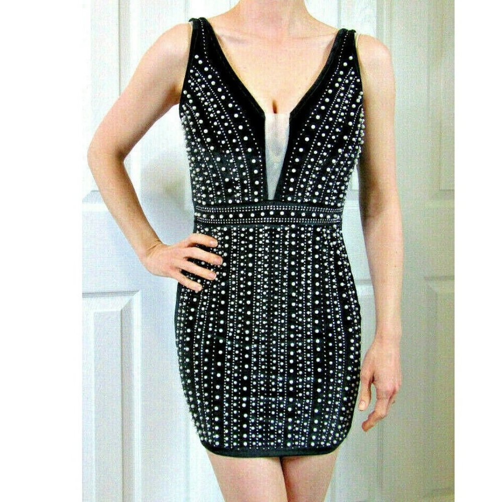 Sexy Mini Black Velvet Pearls Holiday Party Dress Womens Size SP